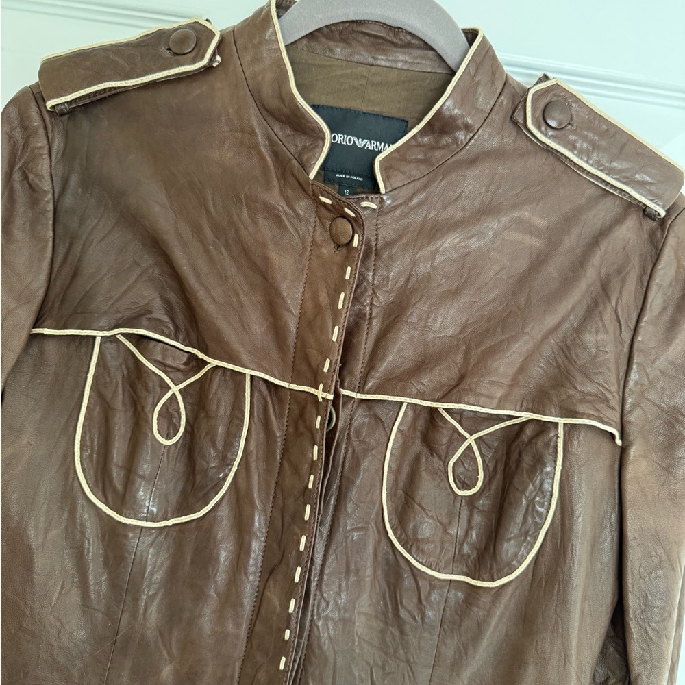 Emporio Armani Brown Leather Jacket with Cream Trim